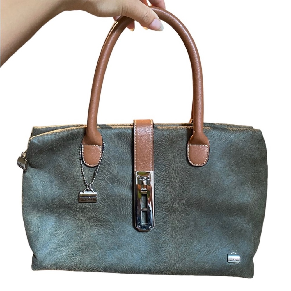 La Bagararie Green Tote with Brown Leather Trimming